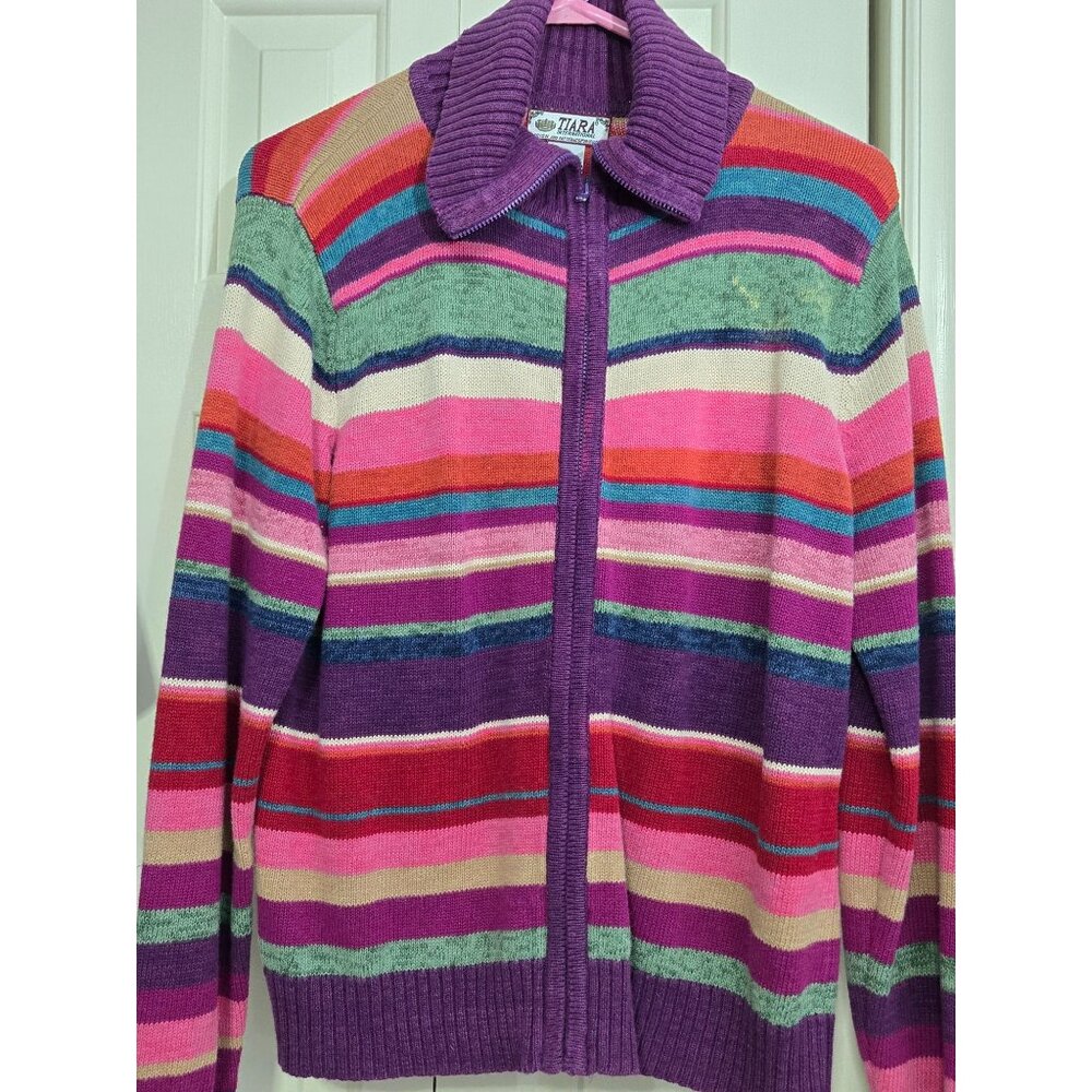 Tiara International Womens Multicolor Striped Knit Sweater Jacket W/ Zipper Fron